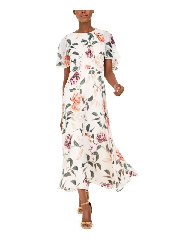 Calvin Klein Womens Pink Sheer Overlay Sleeves Floral Short Sleeve Jewel Neck Below The Knee Fit + Flare Evening Dress Size 2