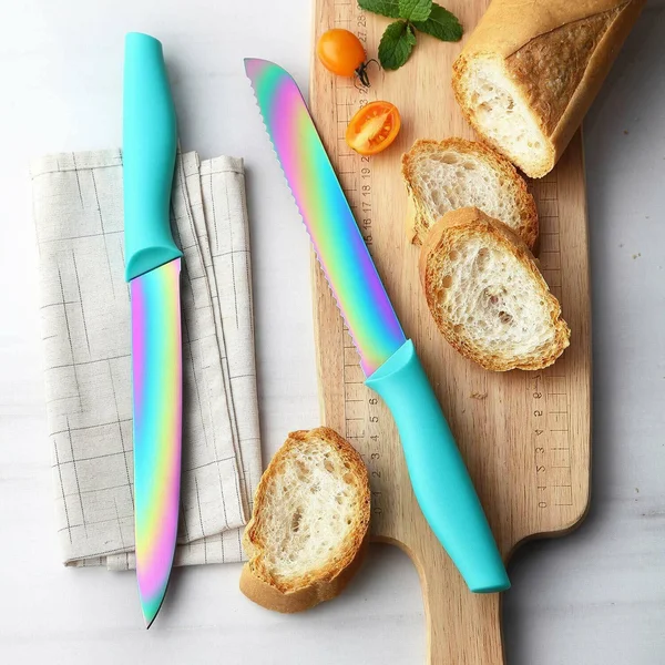 Dishwasher Safe Rainbow Titanium Cutlery Knife Set, Marco Almond Kya27 Kitchen Knives Set with Wooden Block, Rainbow Titanium