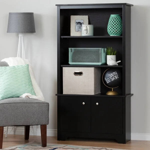 South Shore Vito 3 Shelf Bookcase with Doors Pure Black