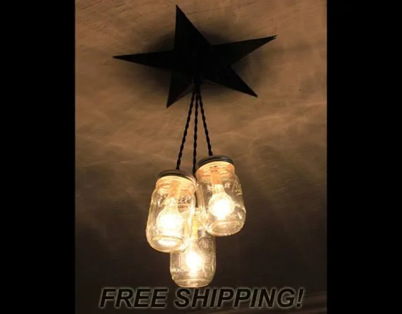Mason Jar Chandelier Barn Star - Country Rustic Primitive Pendant Light - 3 Jars (Black)
