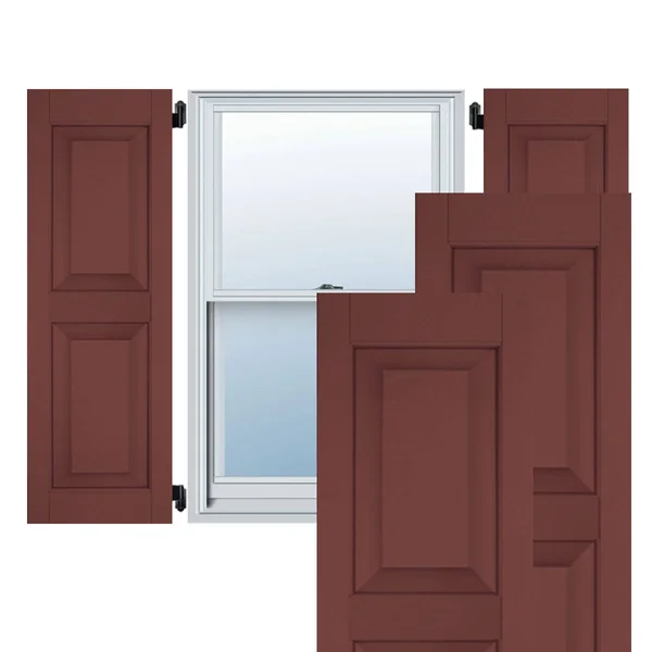 Ekena Millwork 15 in. x 28 in. Exterior Real Wood Pine Raised Panel Shutters Pair Cottage Red
