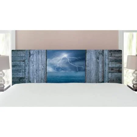 Nature Headboard, Thunder Bolt at Night from Window in A Seaside House Forces of Nature Theme Print, Upholstered Decorative Meta