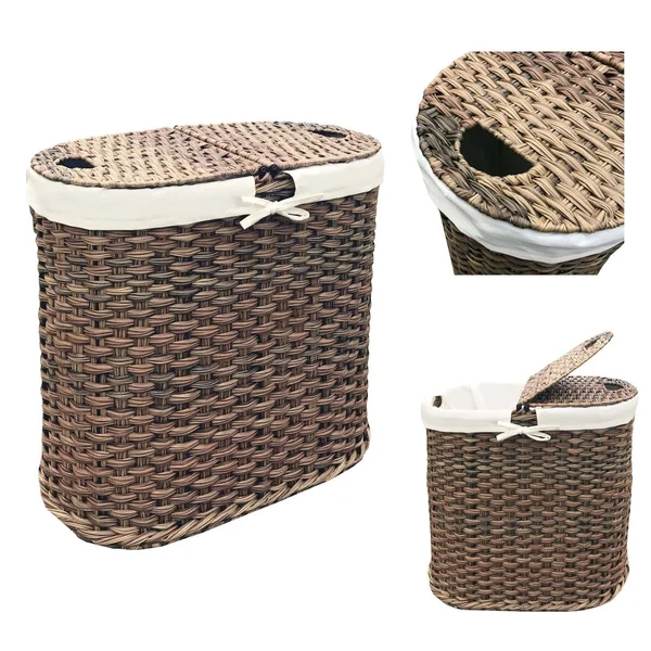 Seville Classics Hand-Woven Oval Double Laundry Hamper /w Liner Mocha