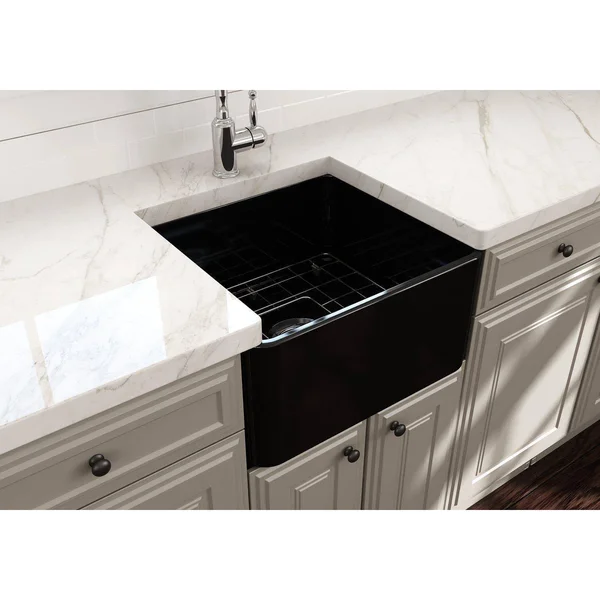 BOCCHI Classico Farmhouse Apron Front Fireclay 20x22 Single Bowl Kitchen Sink with Protective Bottom Grid and Strainer - Black