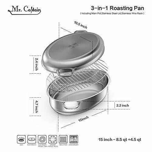 Mr Captain Roasting Pan with Rack and Lid 8.5 Quart - 18/10 Stainless Steel Multi-Use Oval Roaster, Induction Compatible Dishwasher