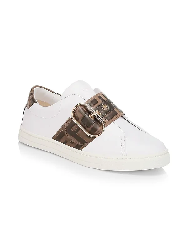 Fendi Women's Logo Strap Leather Sneakers - White - Size 10.5