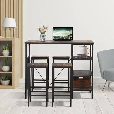 5 Piece Counter Height Dining Table Set - Industrial Style Bar Pub Table with 4 Backless Bar Stools for Home, Gray-Brown Finish L