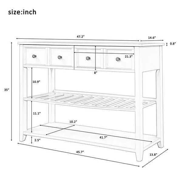 Solid Wood Console Table with Two Shelfs and Drawers for Home - Brown