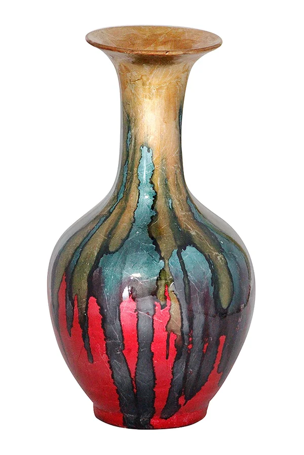 18x22 Foiled & Lacquered Ceramic Vase - Ceramic - Lacquered in Gold, Green, Blue and Red