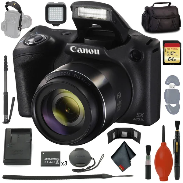 Canon PowerShot Sx420 Is Digital Camera - Card Reader + Wallet - 64GB Memory Card - Video LED - Battery X3 - Grip + More