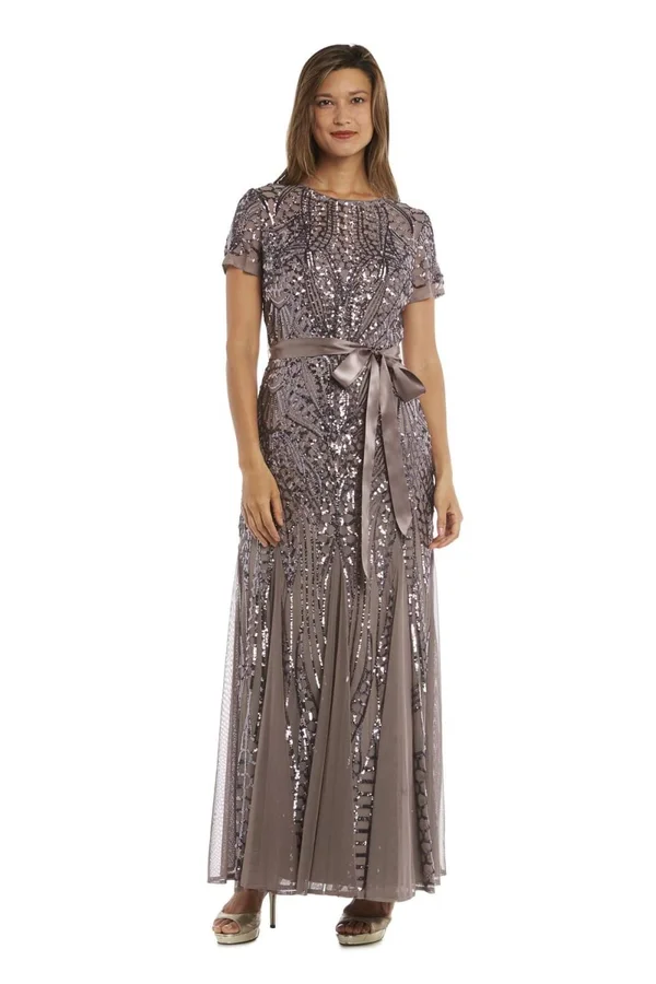 R & M Richards Sequin-Embellished Pleated Gown - Mocha