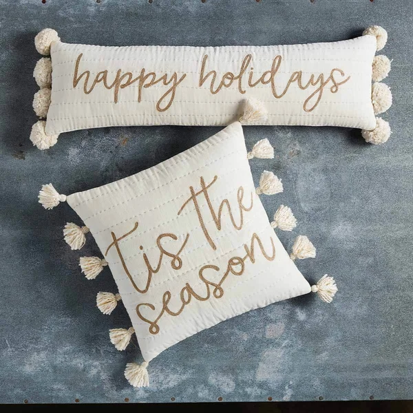 Mud Pie White and Gold Christmas Pillow, Happy Holidays