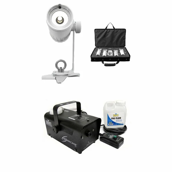 Chauvet DJ EZ Pin 4 Pack LED Spot Stage Lighting + Hurricane Pro Fog Machine, White