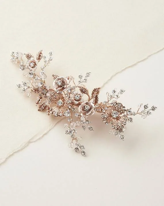 DarethColburnDesigns Crystal Bridal Hair Clip, Floral Wedding Hair Piece, Bridal Headpiece, Rose Gold Hair Comb, Flower Crystal