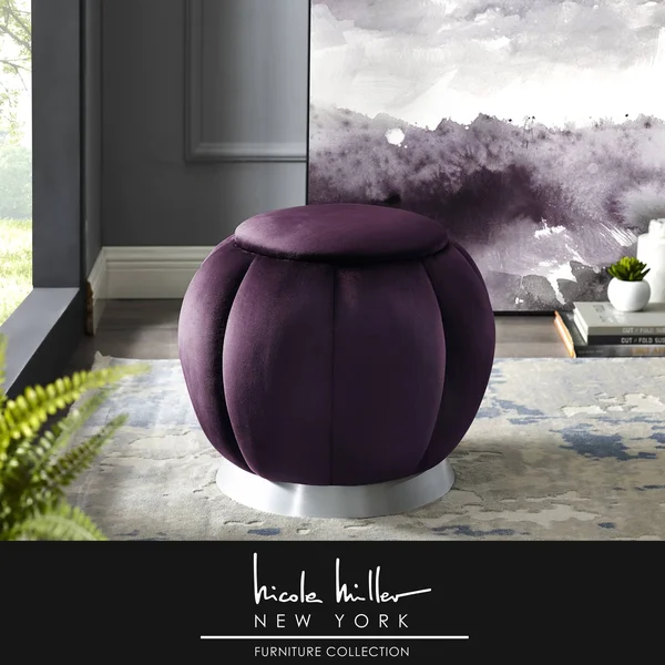 Nicole Miller Alfie Ottoman - Upholstered, Channel Tufted, Gold Matte Base - Purple