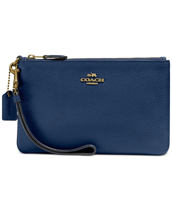 COACH Polished Pebble Leather Small Zip Top Wristlet - Deep Blue/Brass