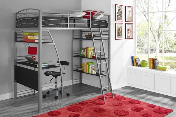 DHP Studio Metal Loft Bed with Desk and Shelves - Silver/Gray, Twin