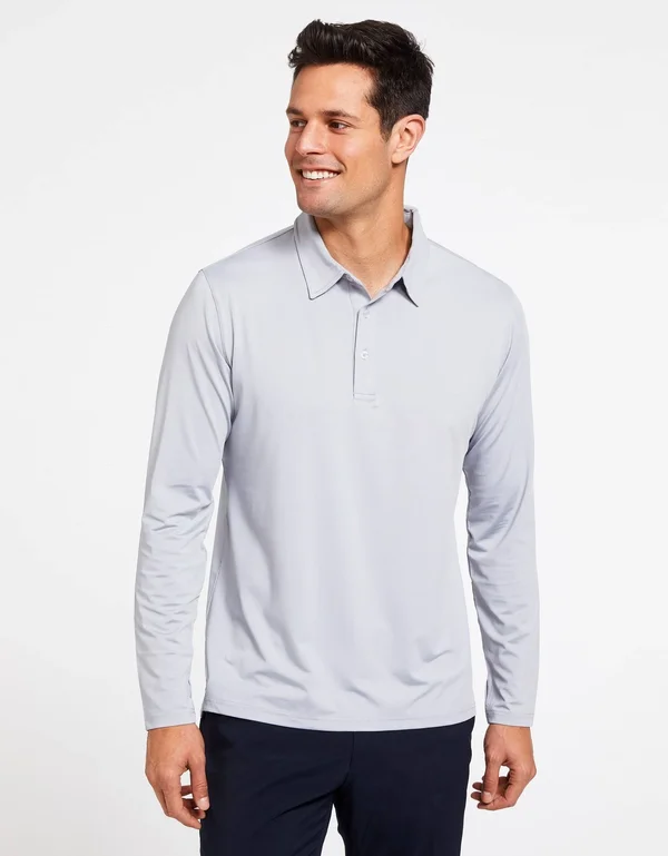 Sun Protective Long Sleeve Polo Shirt for Men UPF 50+ - UV Protection Light Grey