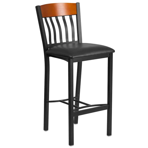 Emma and Oliver Vertical Back Metal & Cherry Wood Barstool with Vinyl Seat