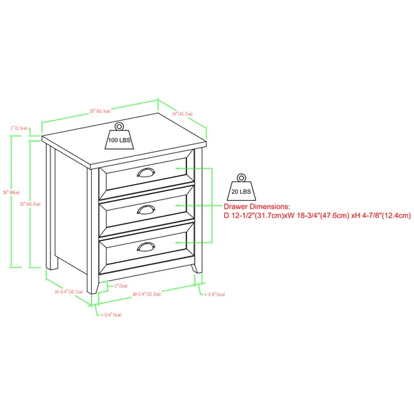 Walker Edison Odette 25 3 Drawer Nightstand White Oak Finish