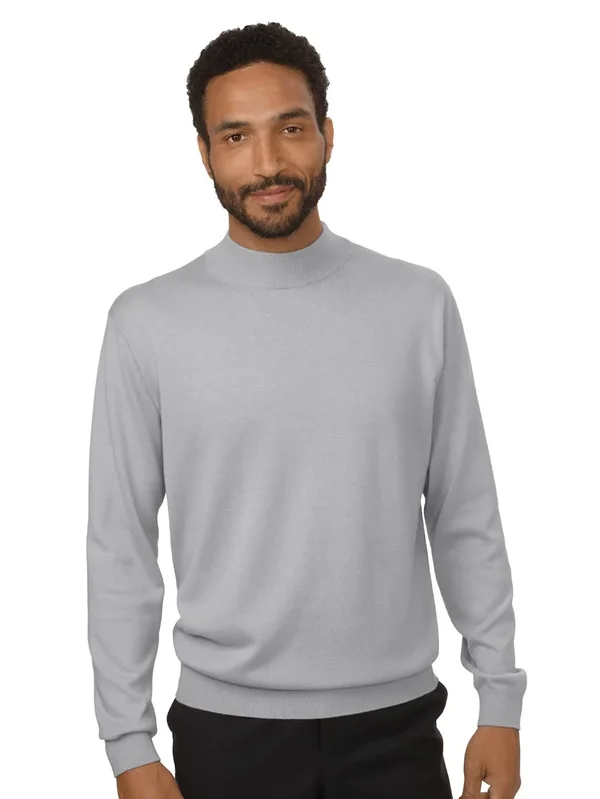 Men's Sweater - Classic Fit in Light Grey Long Sleeve Silk Cotton and Cashmere - Paul Fredrick