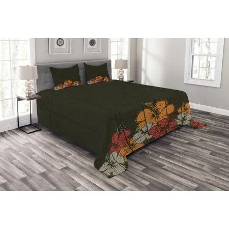Ambesonne Floral Bedspread Set - Abstract Wooden Backdrop with Hawaiian Romantic Flowers Buds Blooms Leaves, Decorative Quilted C
