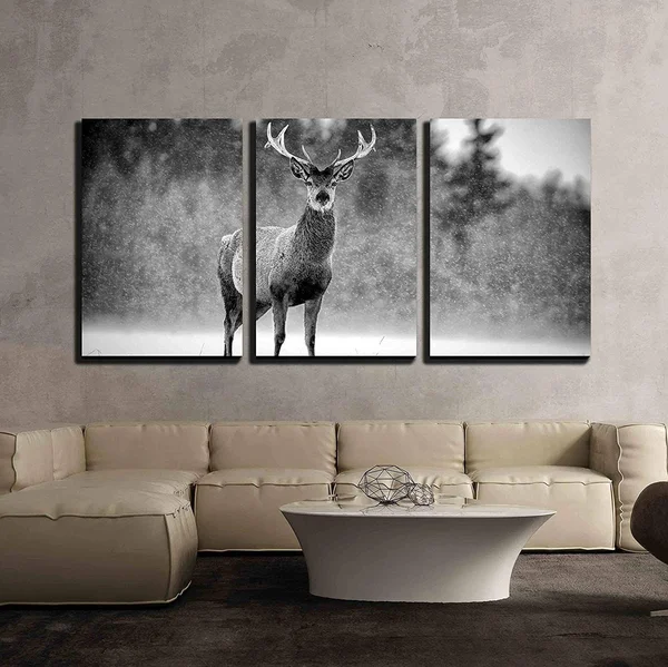Wall26 - 3 Piece Canvas Wall Art - Red Deer Stag Cervus Elaphus in The Scottish Winter Snow Black White Image - Modern Home Deco