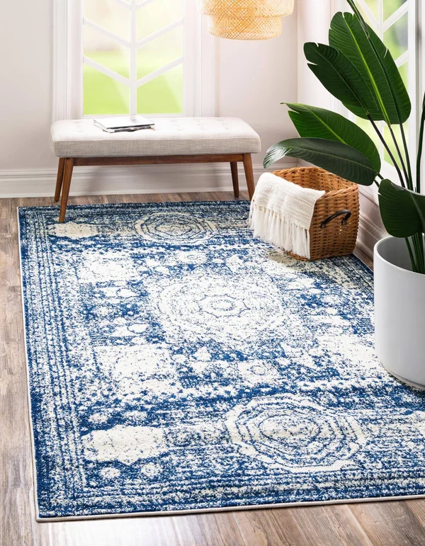 Rugs.com Dover Collection Rug 9& x 12& Navy Blue Low-Pile Rug Perfect for Livi