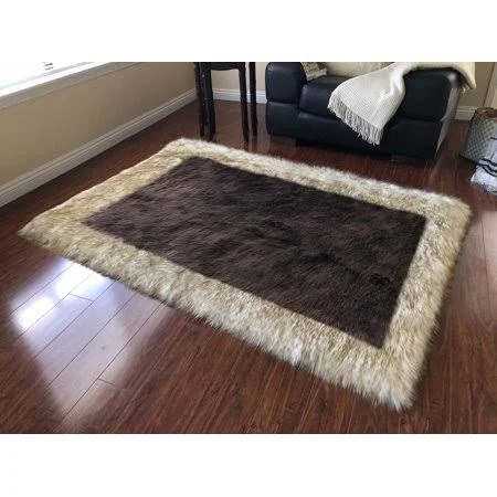 Lambzy Faux Sheepskin Brown Tips Border Area Rug - Brown 6'x9'