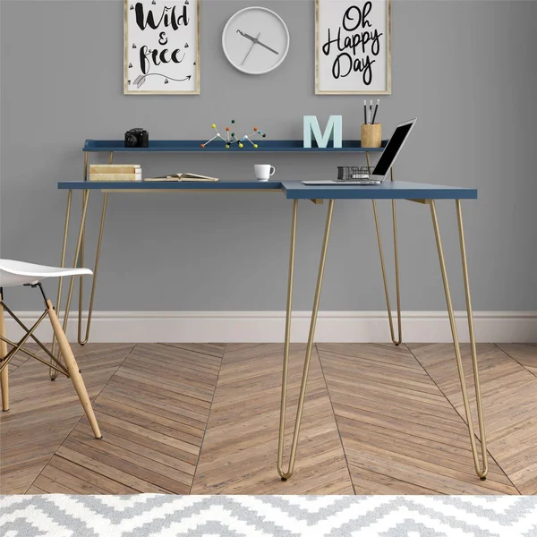 Panama L Desk with Riser Navy/Gold - Room & Joy