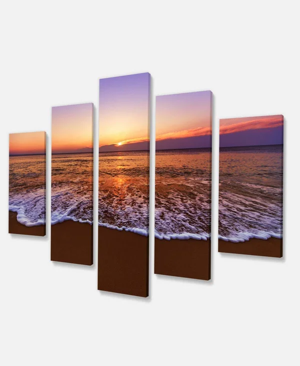 Design Art Orange Tinged Sea Waters at Sunset - Beach Canvas Wall Art - 60 in. Wide x 32 in. High - 5 Panels Diamond Shape