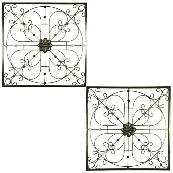 Benzara - Iron Wall Decor with Flower Accent and Squared Framed Design - Assortment of Two, Bronze