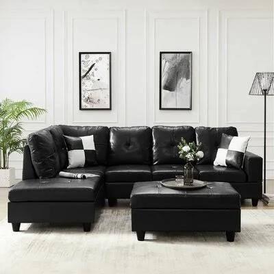 Cin 102x22 Wide Faux Leather Sofa & Chaise with Ottoman Latitude Run Leather Type: Black Faux Leather - Orientation: Left