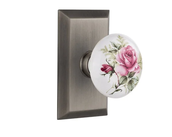 Nostalgic Warehouse 713264 Studio Plate Passage White Rose Porcelain Door Knob, Antique Pewter