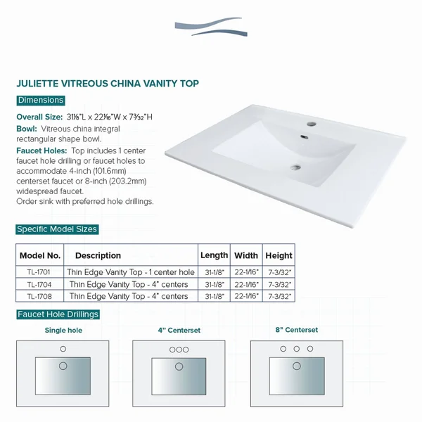 Transolid Tl-1708-01 Juliette 31-in Vitreous China Vanity Top with Integrated Sink, White