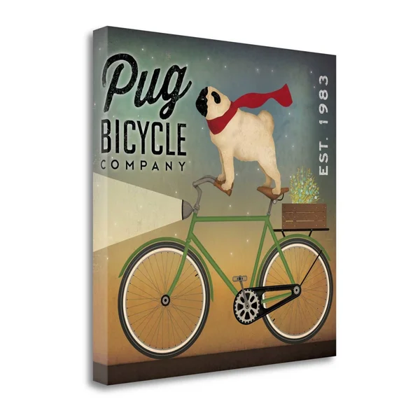Tangletown Fine Art Pug on A Bike by Ryan Fowler, Fine Art Giclee Print on Wrap Canvas, 35x35x22