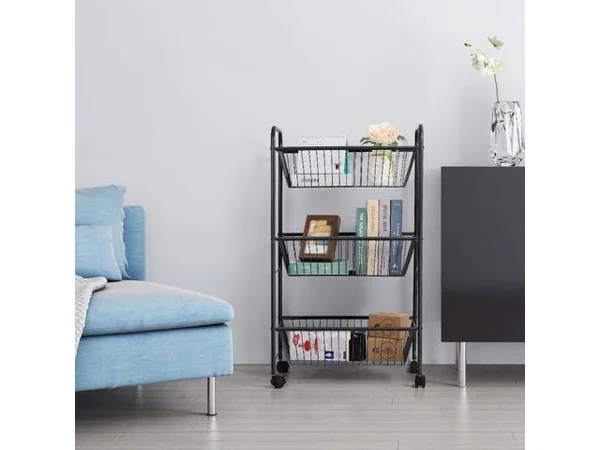 NEX 3-Tier Rolling Basket Stand - Large Size Full Metal Rolling Trolley for Kitchen & Bathroom - Three Tier Storage Cart w/Sh