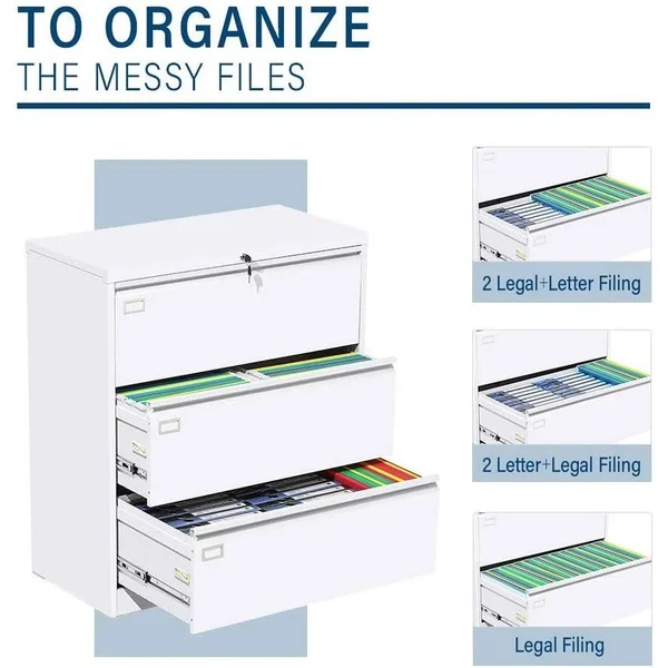 Suncrown 3 Drawer Lateral File Cabinet with Lock Metal Lateral - White