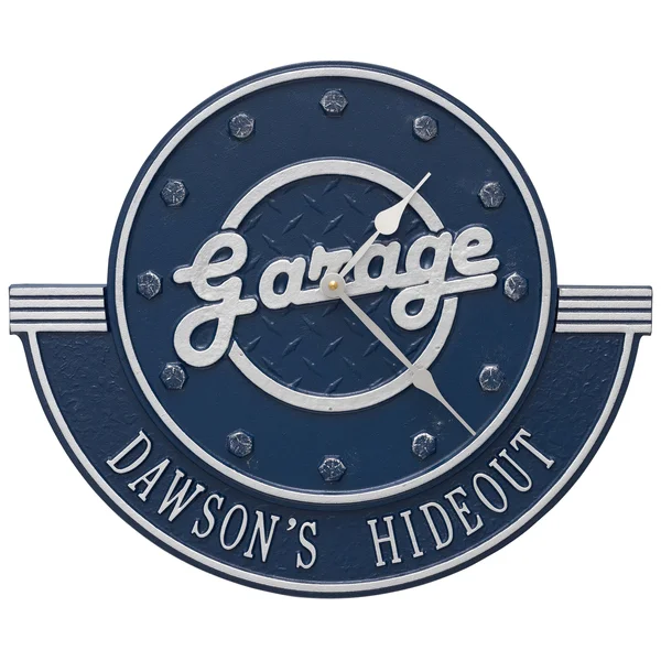 Garage Personalized 12x22 Indoor Outdoor Wall Clock-Dark Blue/Silver
