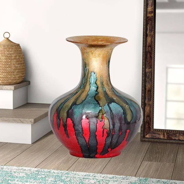 18x22 Foiled & Lacquered Ceramic Vase - Ceramic - Lacquered in Gold, Green, Blue and Red