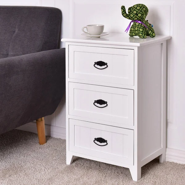 Costway 3 Drawers End Storage Wood Side Nightstand-White