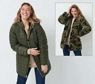 Dennis Basso Reversible Faux Fur and Water Resistant Jackt, Size Medium, Olive/Camo