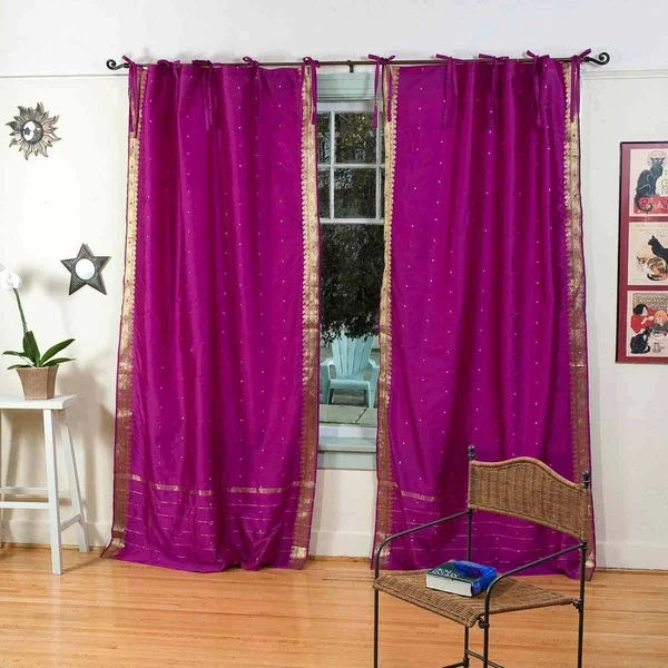 Violet Red Tie Top Sheer Sari Curtain - Drape, Panel - Piece, Purple