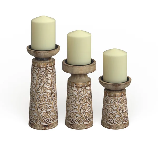 The Curated Nomad Buckroe 3-Piece Mango Wood and Iron Carved Floral Candle Holder Set - Brown