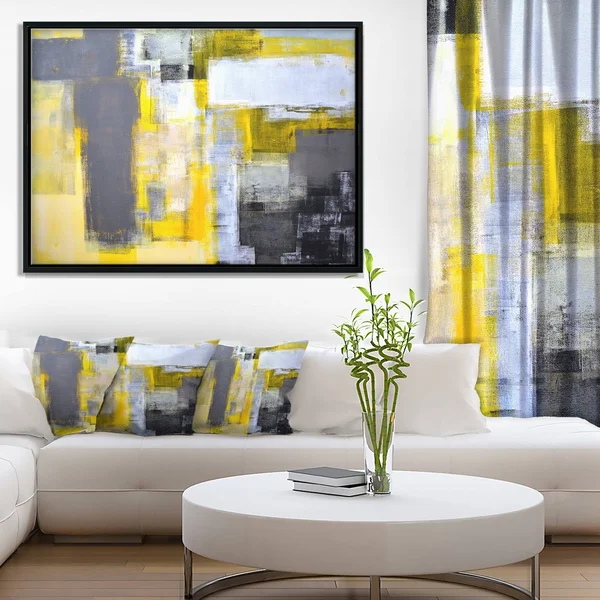 Designart Grey and Yellow Blur Abstract- Abstract Framed Canvas Art Print in Gold, FL6269-46-36-GD