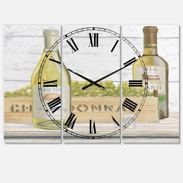 Designart 'White Chardonnay Wine Bottles' Farmhouse Wall Clock, Size: 28 inch x 36 inch, Yellow