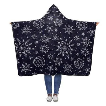 Ashleigh Sun Moon Pattern Wearable Hooded Blanket 56x80 Inches Adults Girls Boys Throw Polar Fleece Blankets Wrap