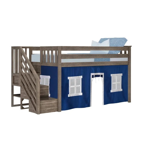 Twin-size Low Loft with Stairs + Curtain - Grey Blue