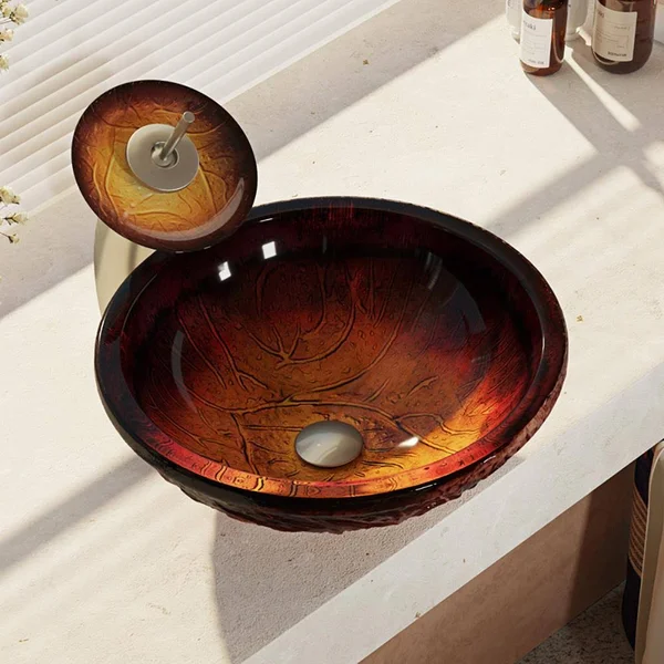 Rene R5-5018-WF-BN Red Lava Glass Bathroom Sink with Brushed Nickel Waterfall Faucet - Sink Ring, and Vessel Pop-Up Drain