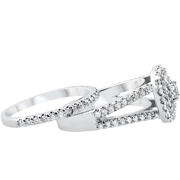 Pompeii3 1 1/10ct Cushion Halo Diamond Engagement Wedding Ring Set 10K White Gold - Size 4.5